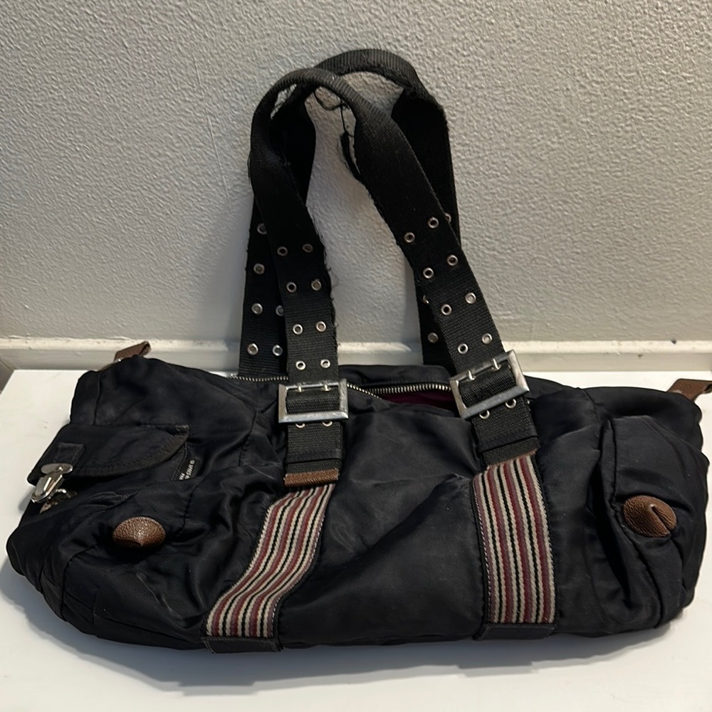 Black and Brown Duffel Bag with Silver Accents